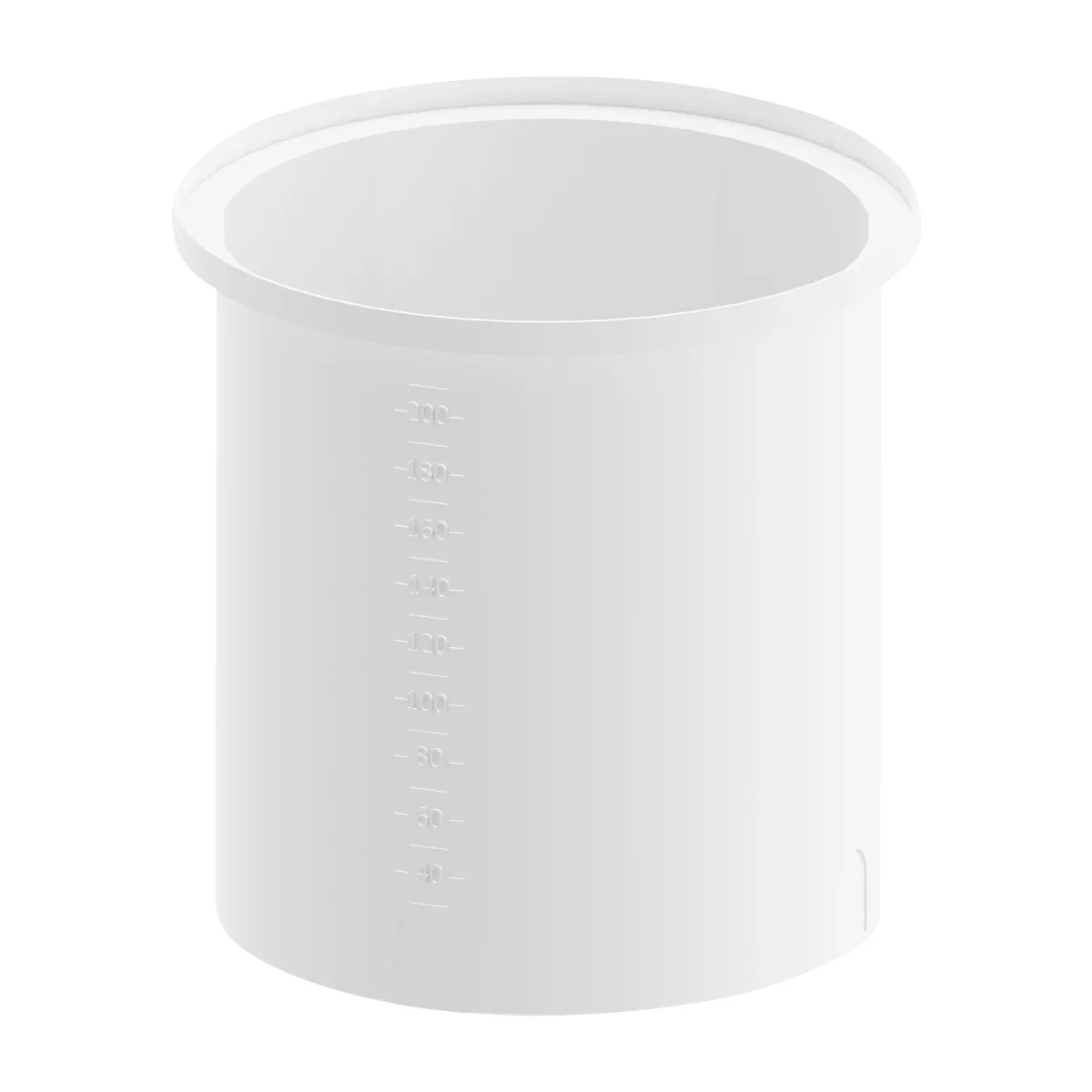 White measuring cup with graduated markings.