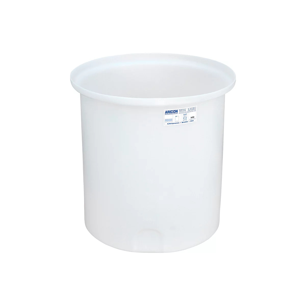 White, cylindrical plastic tank. On the side is a sticker that says "ARICON". The top edge is offset.