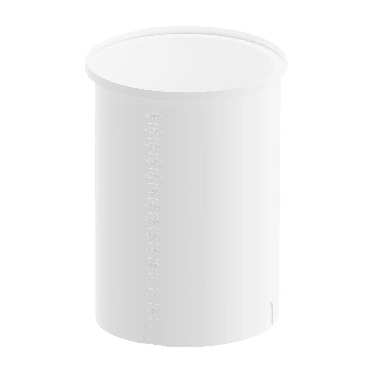 White plastic container, cylindrical, with measuring scale and rounded rim.