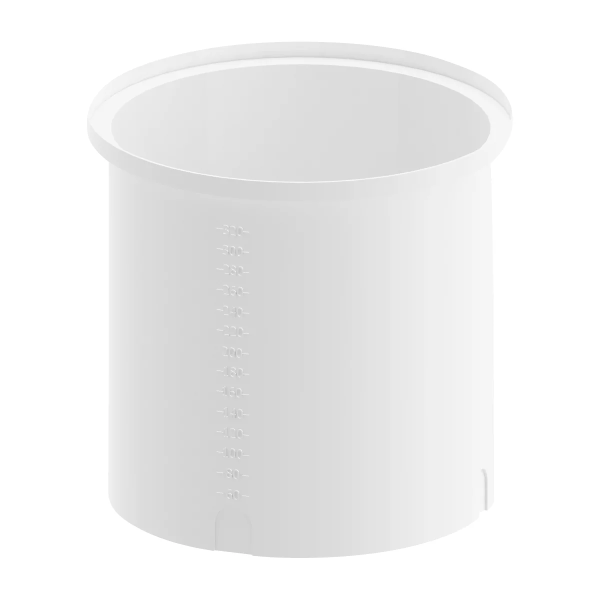 White, cylindrical container with measuring scale and wide rim.
