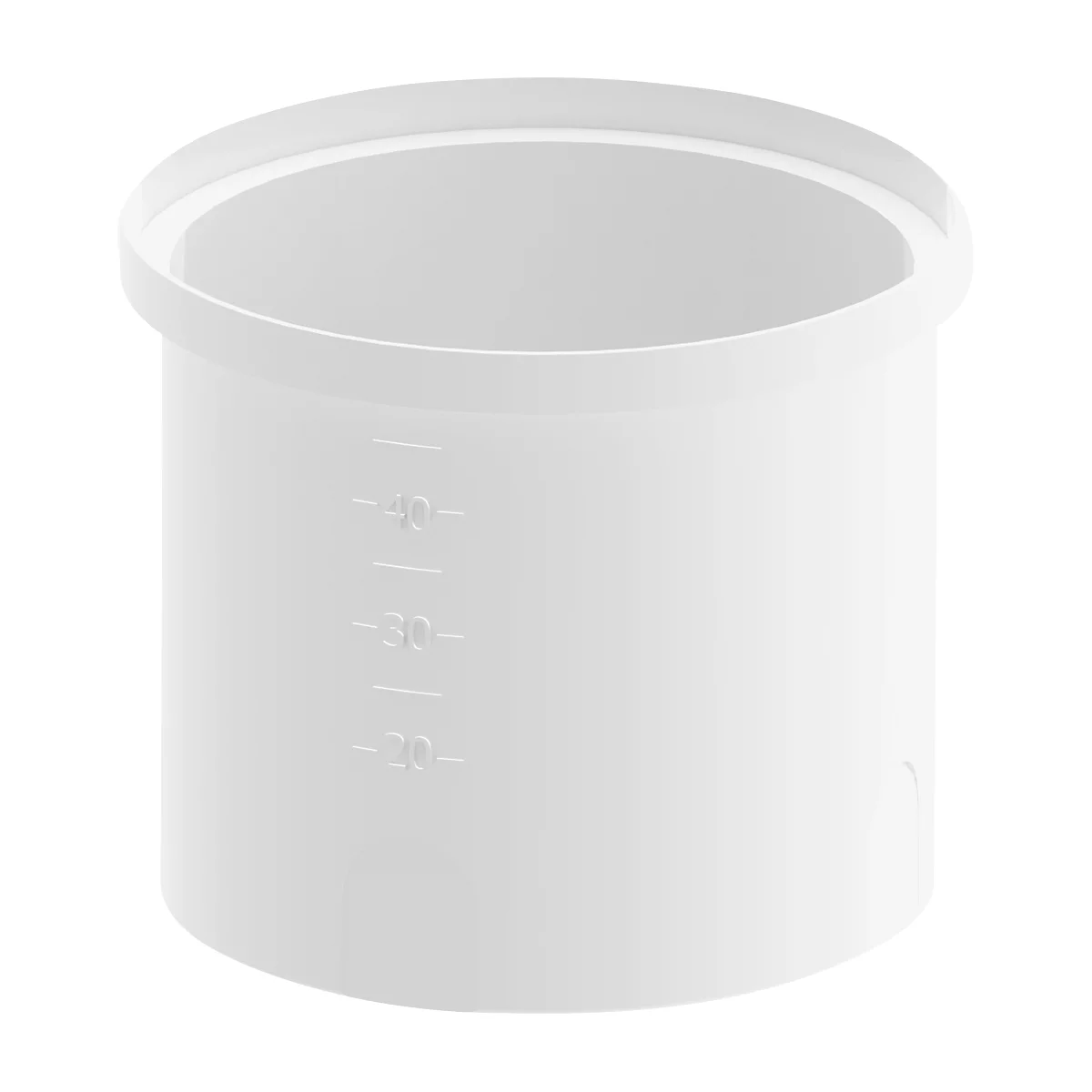 White measuring cup with scale, top view.