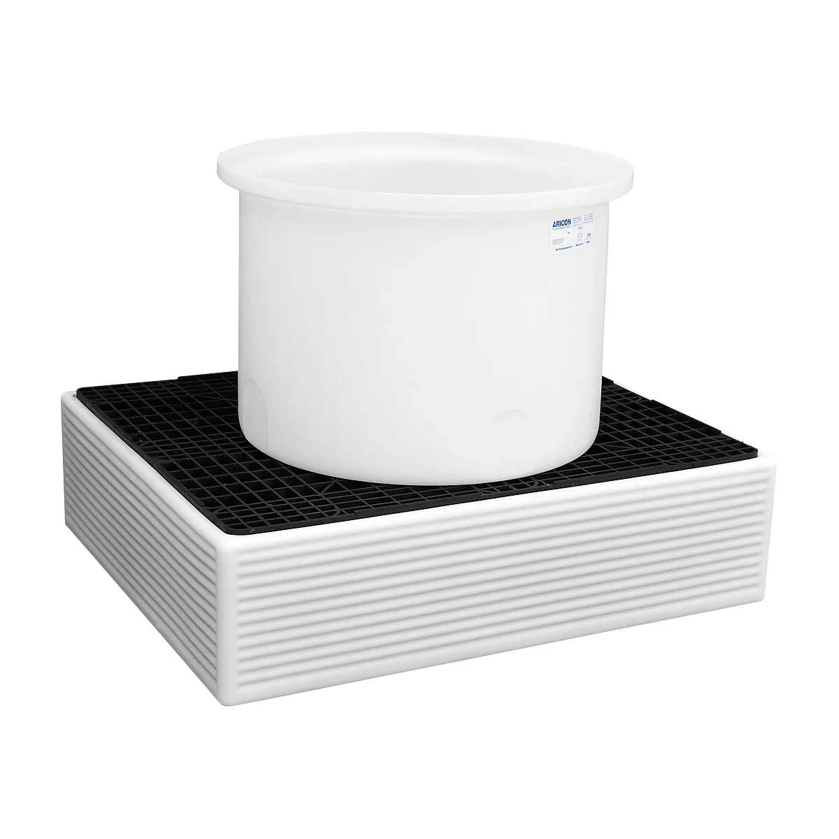 White plastic container on a black grid tray. The base has white, ribbed side walls.