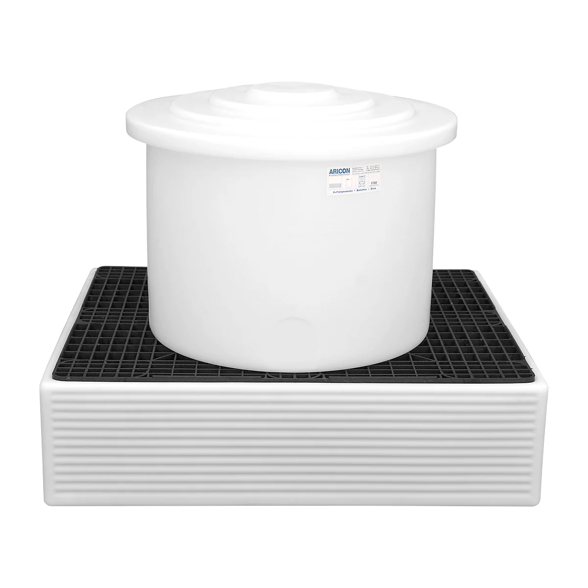 White tank with lid on black grid, standing on white base. The tank says 'ARICON' and other details.