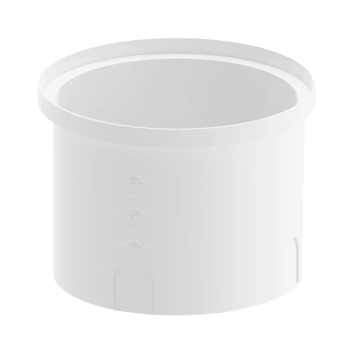 White cylindrical container with lines marking measurements.