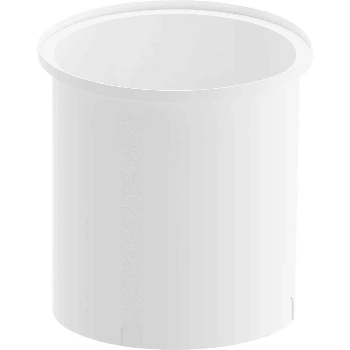 White, cylindrical container with a rounded rim.