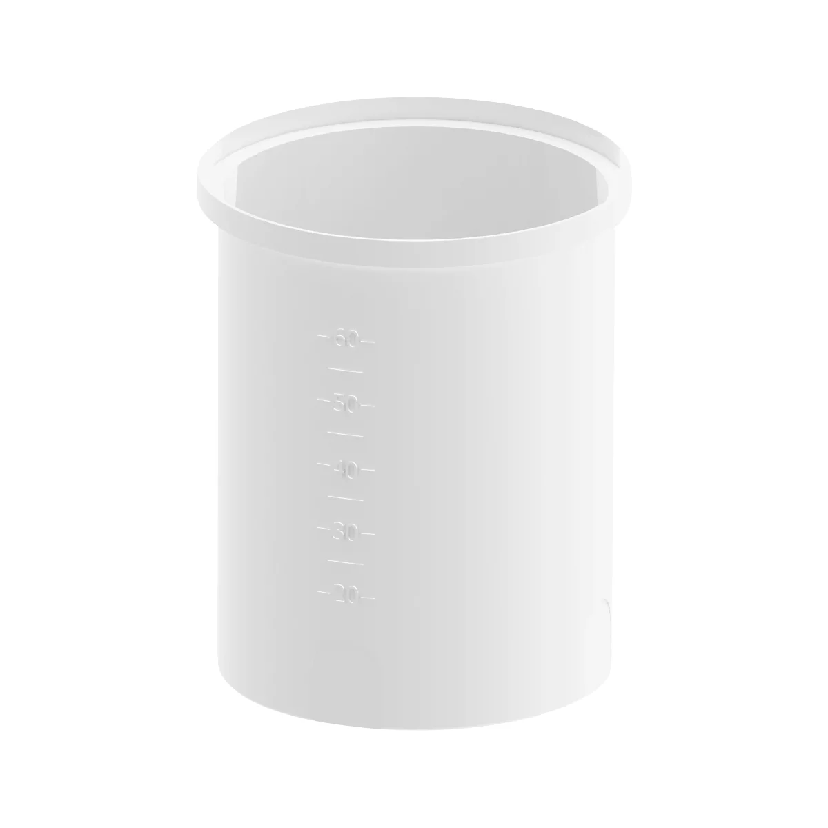 White measuring cup with embossed markings from 20 to 60, with a slightly protruding rim.