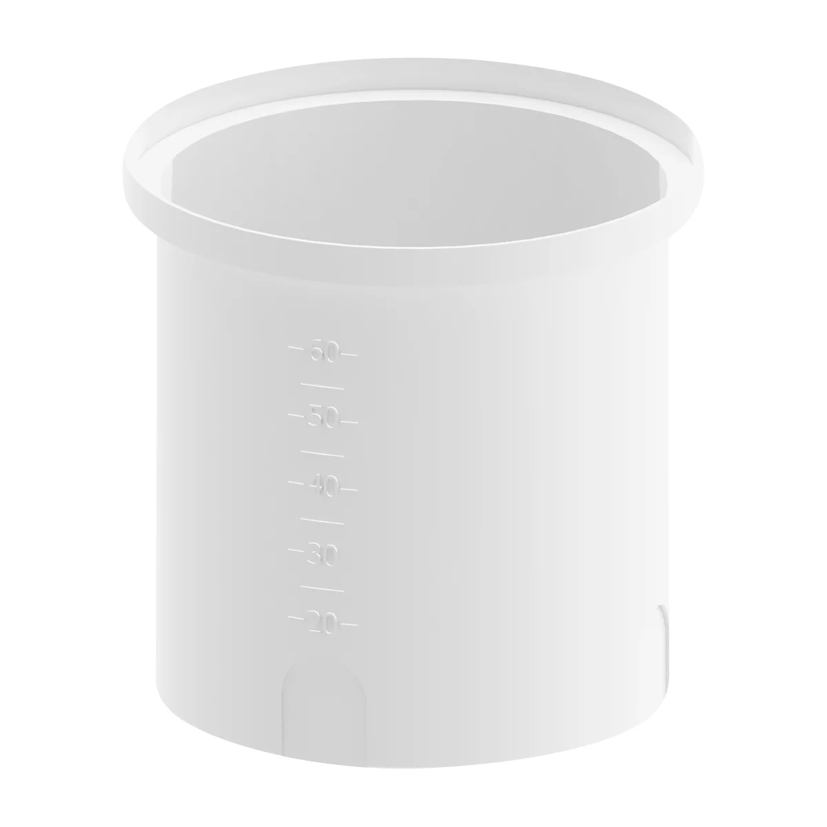 White cylindrical container with measurement scale and measurement values, such as 20, 30, 40, 50 and 60.