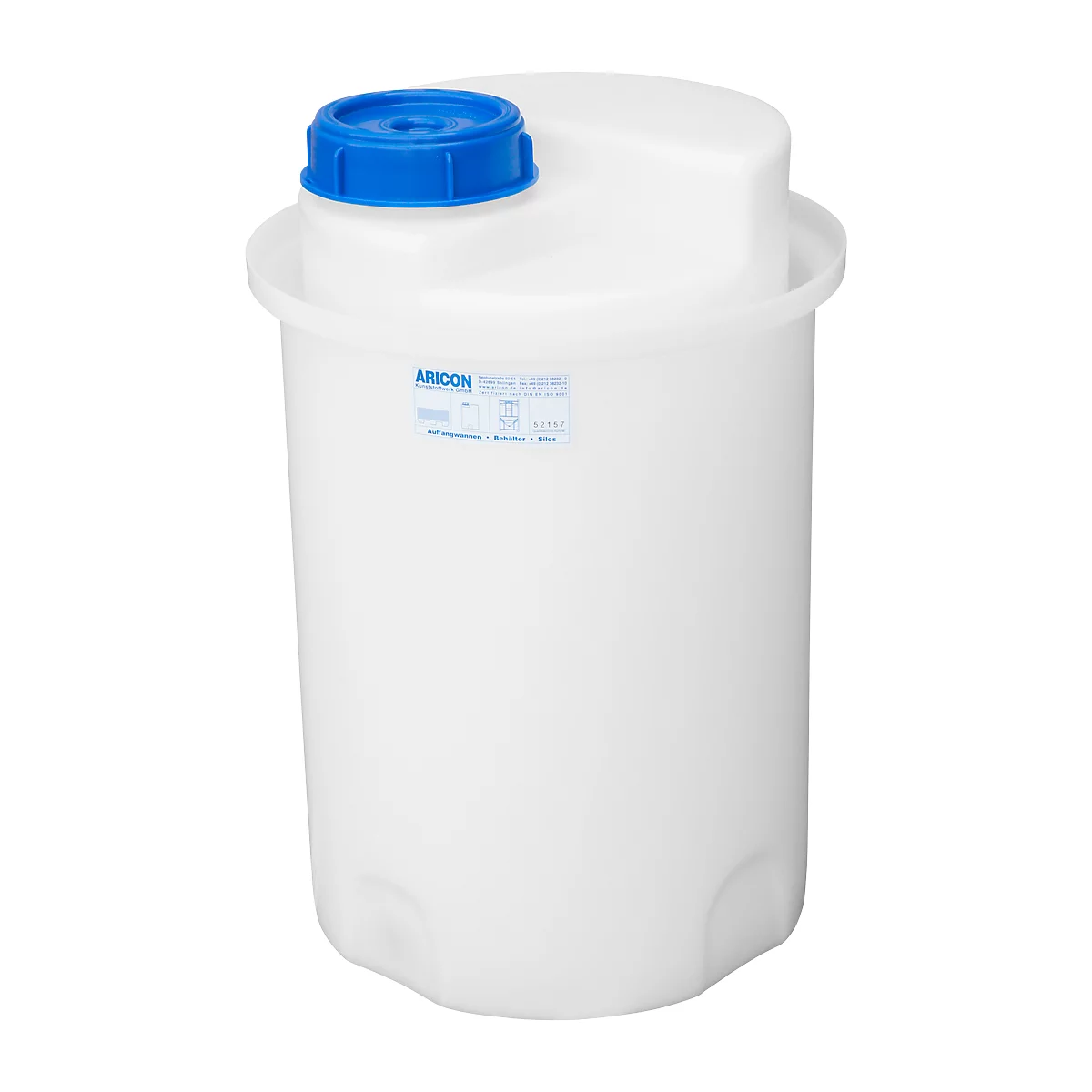 White plastic container with a blue lid. Sticker with product information. Cylindrical shape.