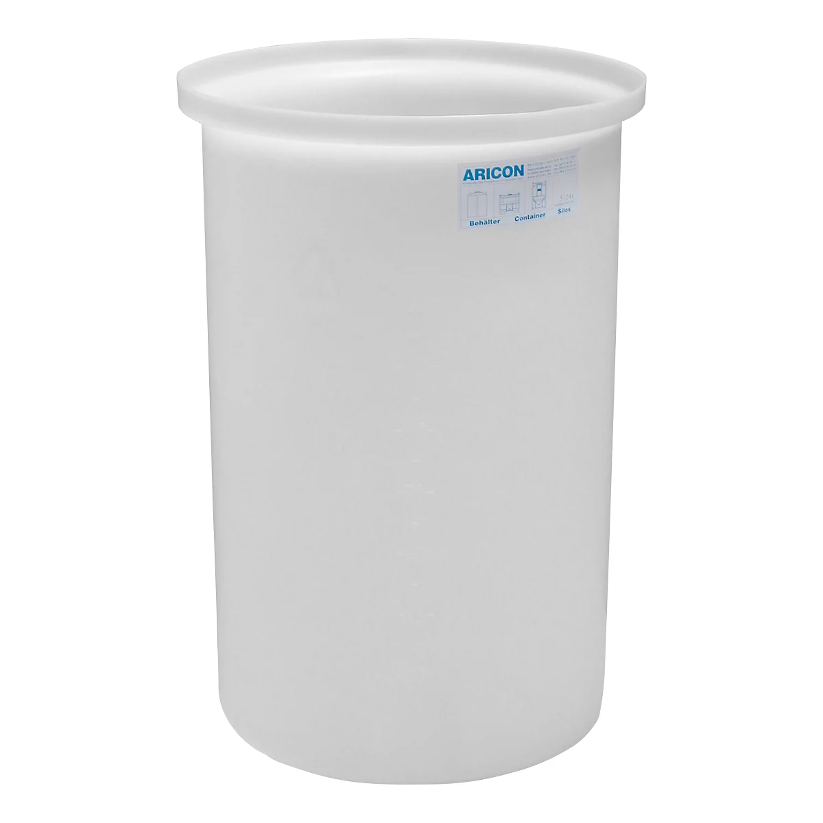 White, cylindrical container. A wide rim at the top, smooth surface below. Sticker with the lettering "ARICON".