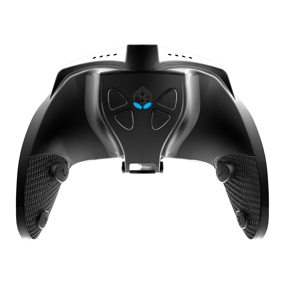 Manette de jeu noire avec un design extraterrestre bleu et des boutons. Il y a des boutons avec des chiffres en bas.
