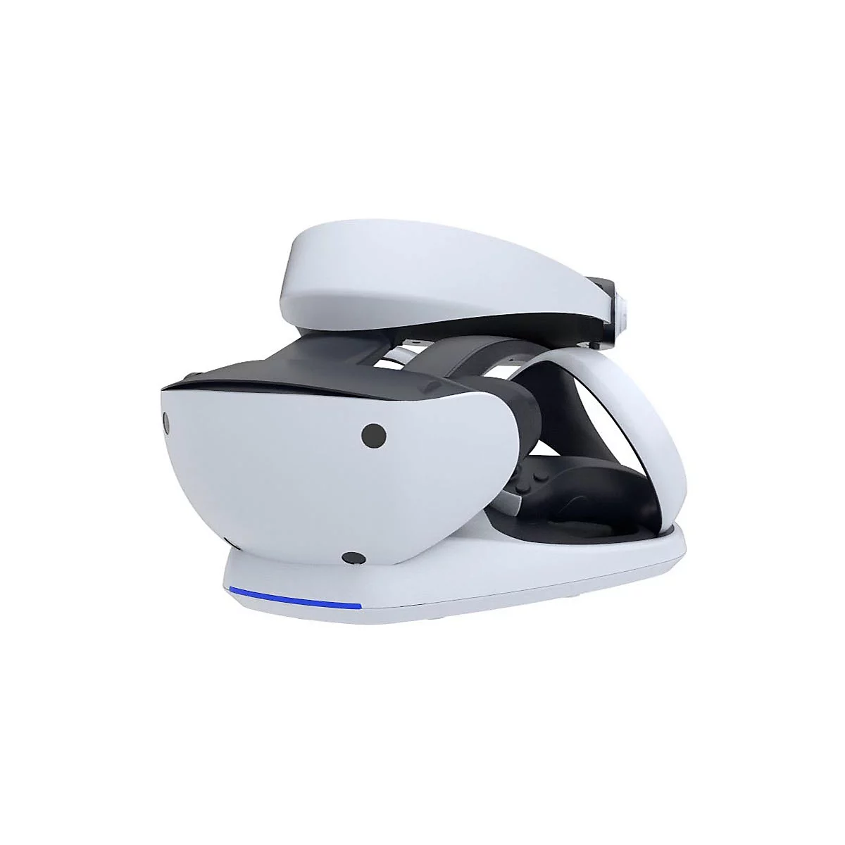 Casque de réalité virtuelle blanc, gris et noir. L'appareil repose sur une base blanche. Ligne bleue à l'avant.