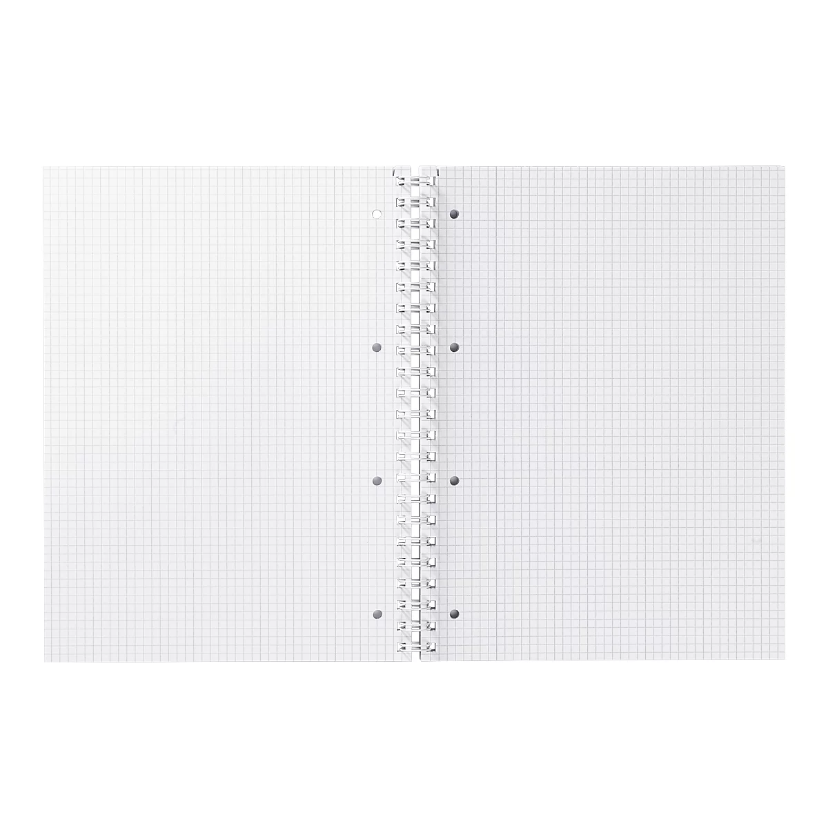 Opened, grid-lined notebook with spiral binding. The pages are blank.