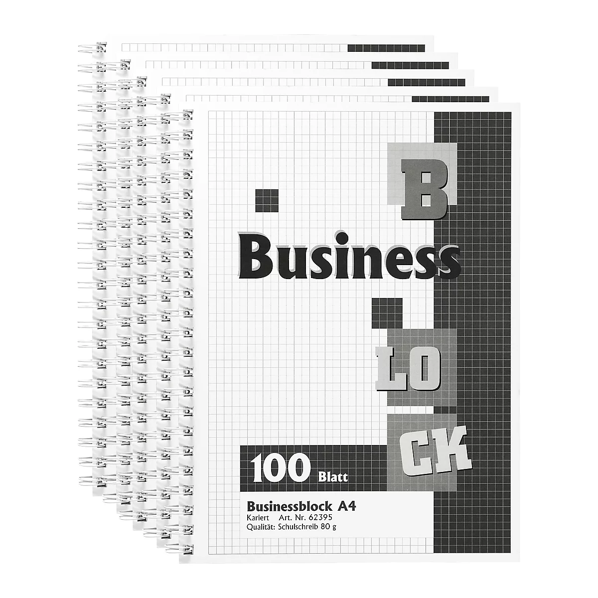 A stack of squared business pads with spiral binding, title: Business Block, 100 sheets, A4. Black lettering on a white background.