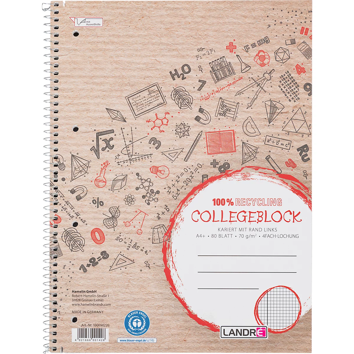 Collegeblock mit Recyclingpapier, braunem Hintergrund, roten Akzenten und mathematischen Zeichnungen. Spiralbindung links.