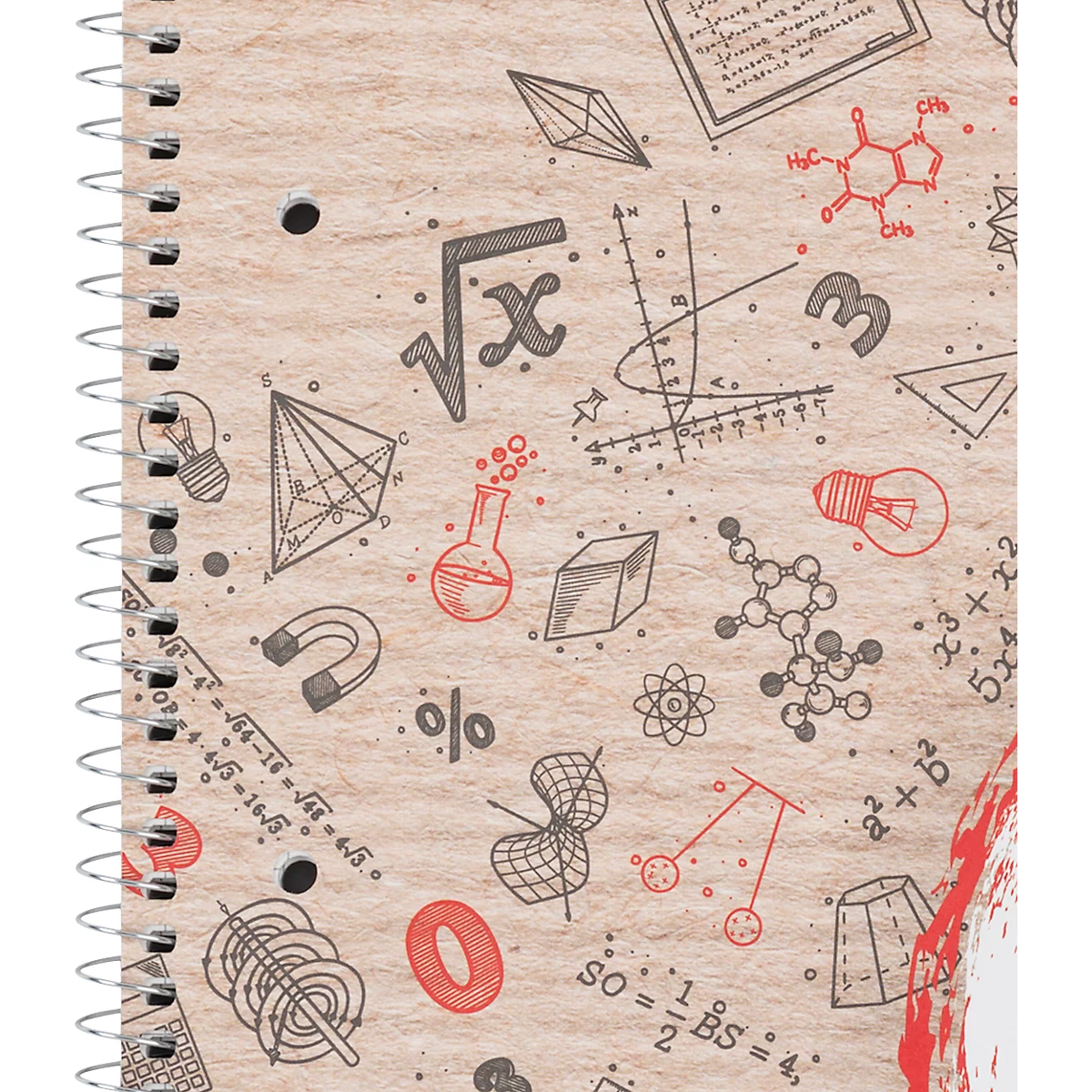Notizbuch mit Mathe- und Wissenschaftszeichnungen. Spiralbindung links.