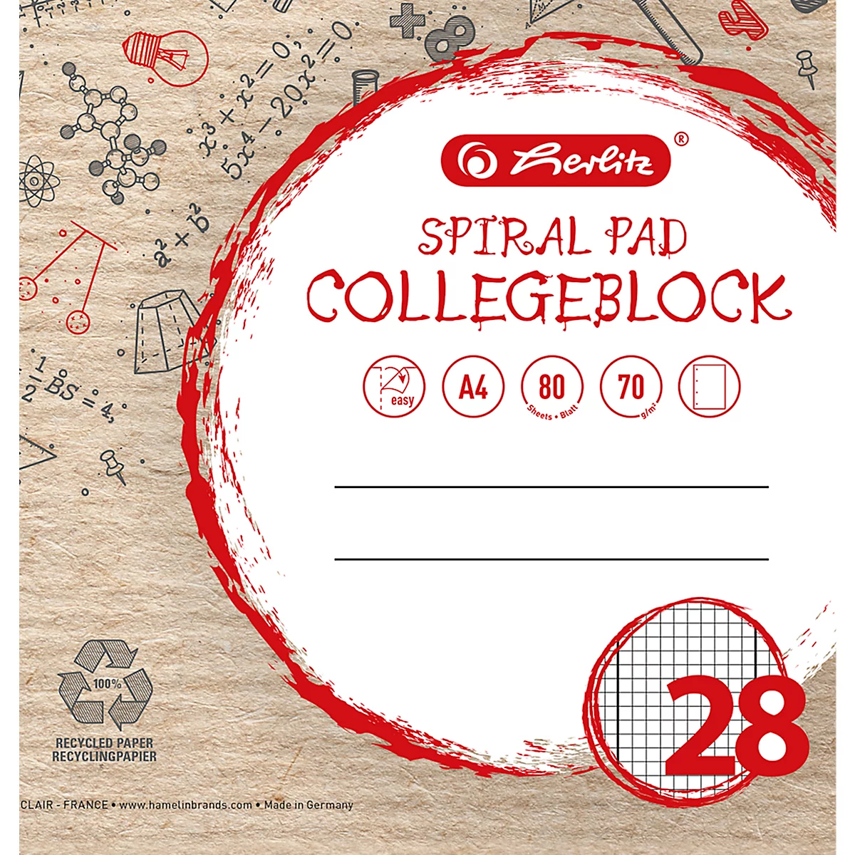 Herlitz Collegeblock mit braunem Recyclingpapier-Design und mathematischen Motiven im Hintergrund.