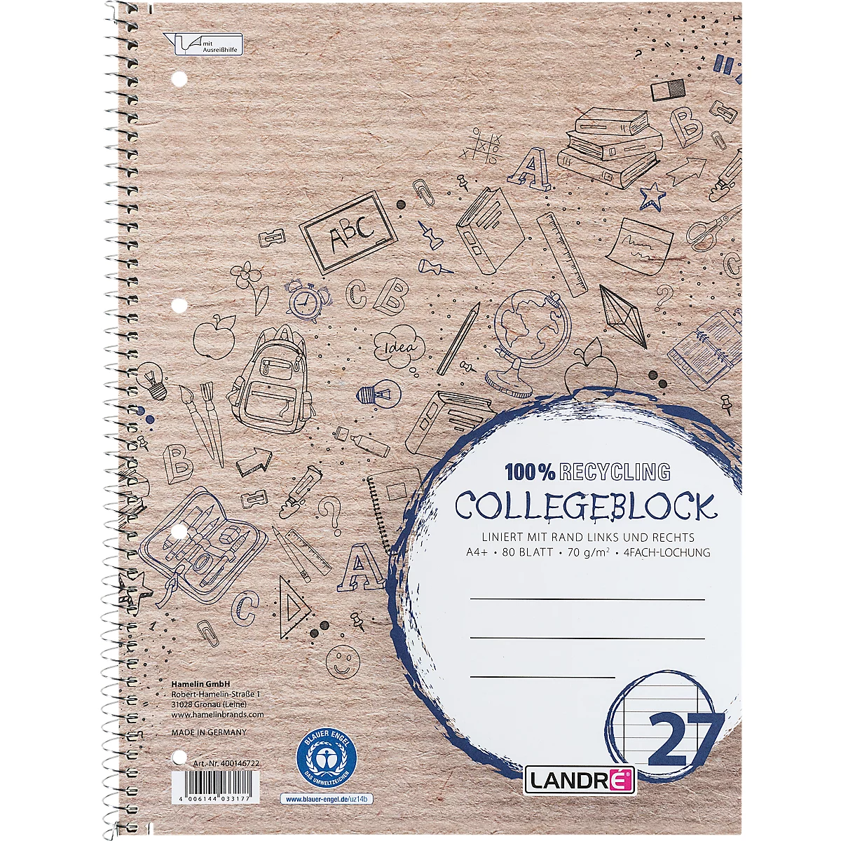 Spiralblock mit Schulmotiven auf braunem Hintergrund. "100% Recycling", "Collegeblock", "Landré" und "27" sind beschriftet.