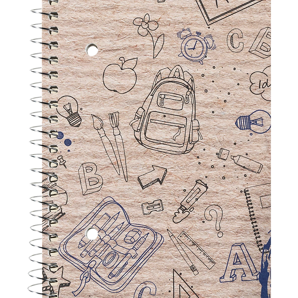 Skizzen von Schulsymbolen: Apfel, Rucksack, Stifte, Uhr, Glühbirne, Pinsel. Auf Spiralblock-Papier mit Rissen.