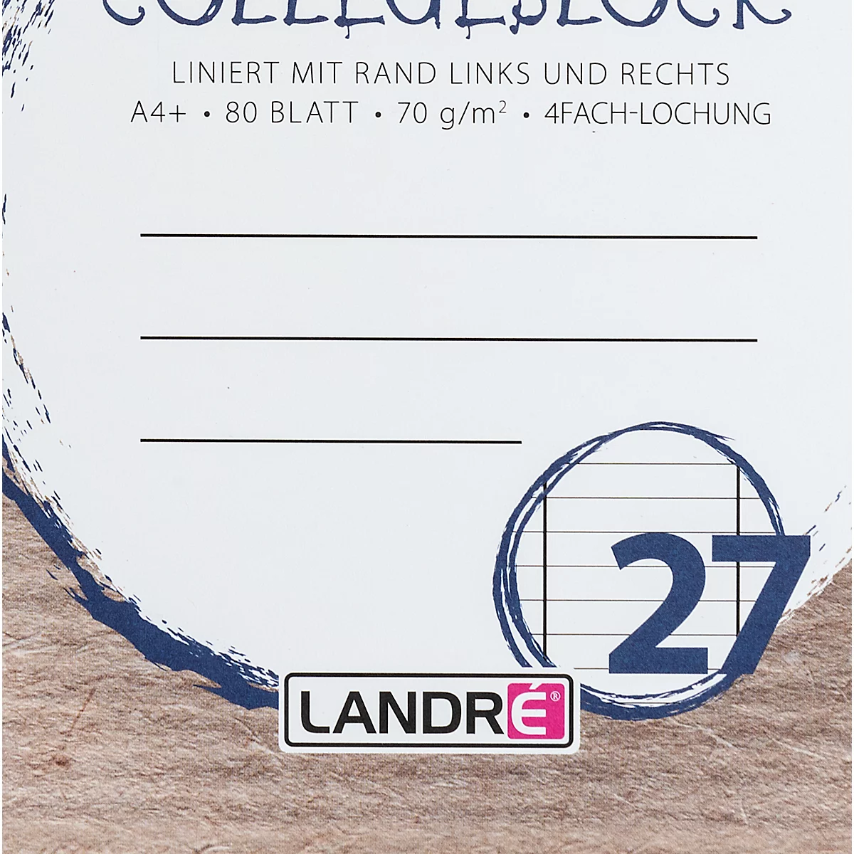 Nahaufnahme eines linierten Notizblocks mit dem Label "Landre" und der Zahl "27".