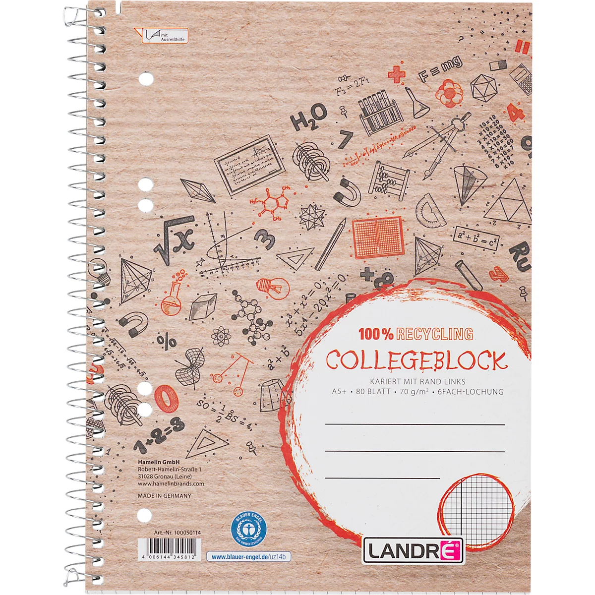 Ringbuch mit recyceltem Papier, bedruckt mit Mathe-Symbolen. Roter Kreis mit Text 'COLLEGEBLOCK'.