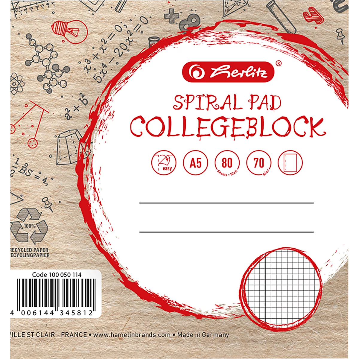 Herlitz Collegeblock im A5-Format mit beigem Hintergrund, mathematischen Symbolen und rotem, rundem Logo-Aufdruck.