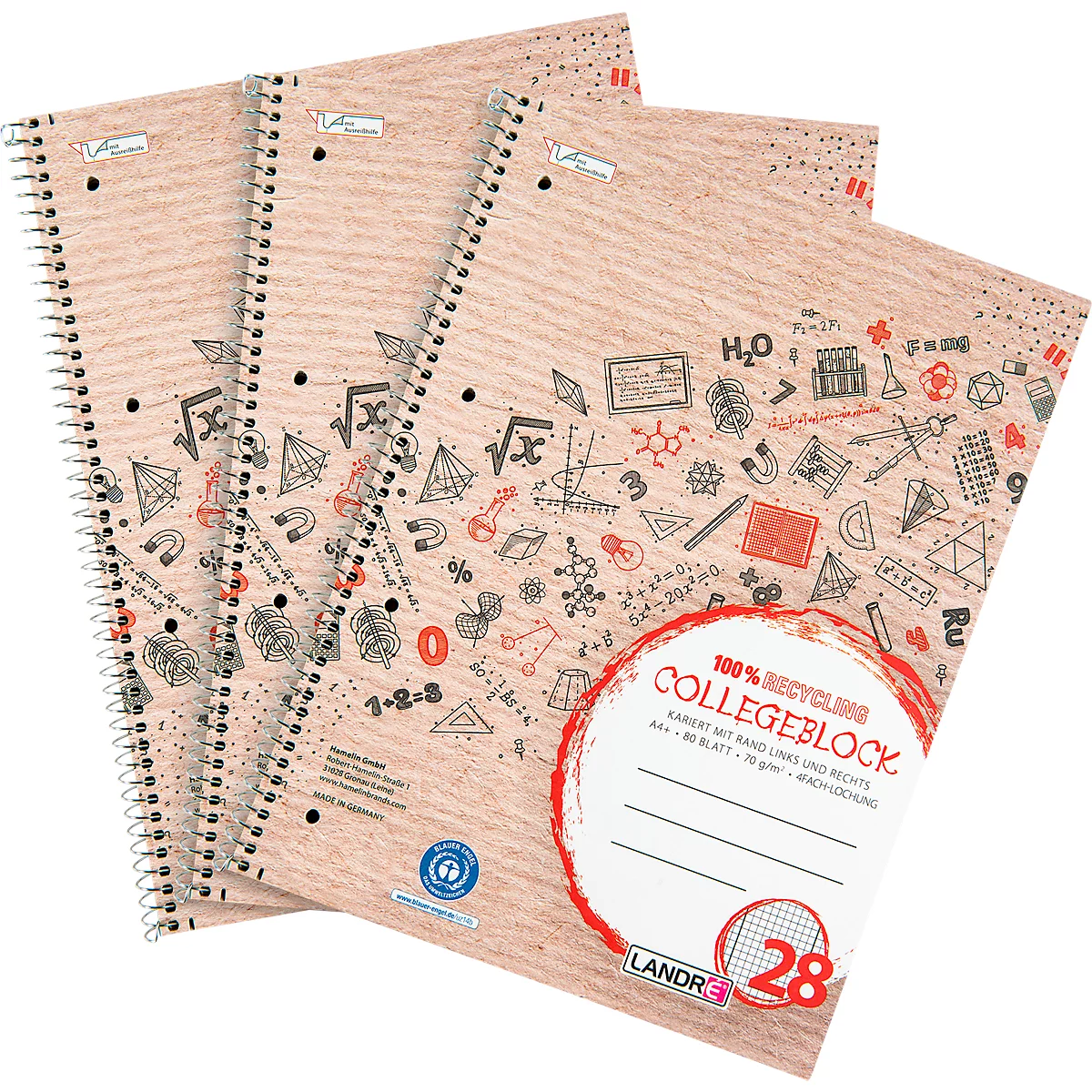 Mehrere Collegeblöcke mit Spiralbindung. Die Cover sind hellbraun und mit mathematischen Symbolen versehen, ein Label zeigt die Recycling-Qualität.