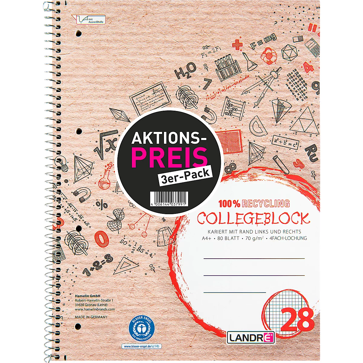 Spiralblock mit Aktionspreis-Aufkleber. Auf dem Cover befinden sich Mathe Symbole. Aufschrift: Collegeblock. 3er-Pack.