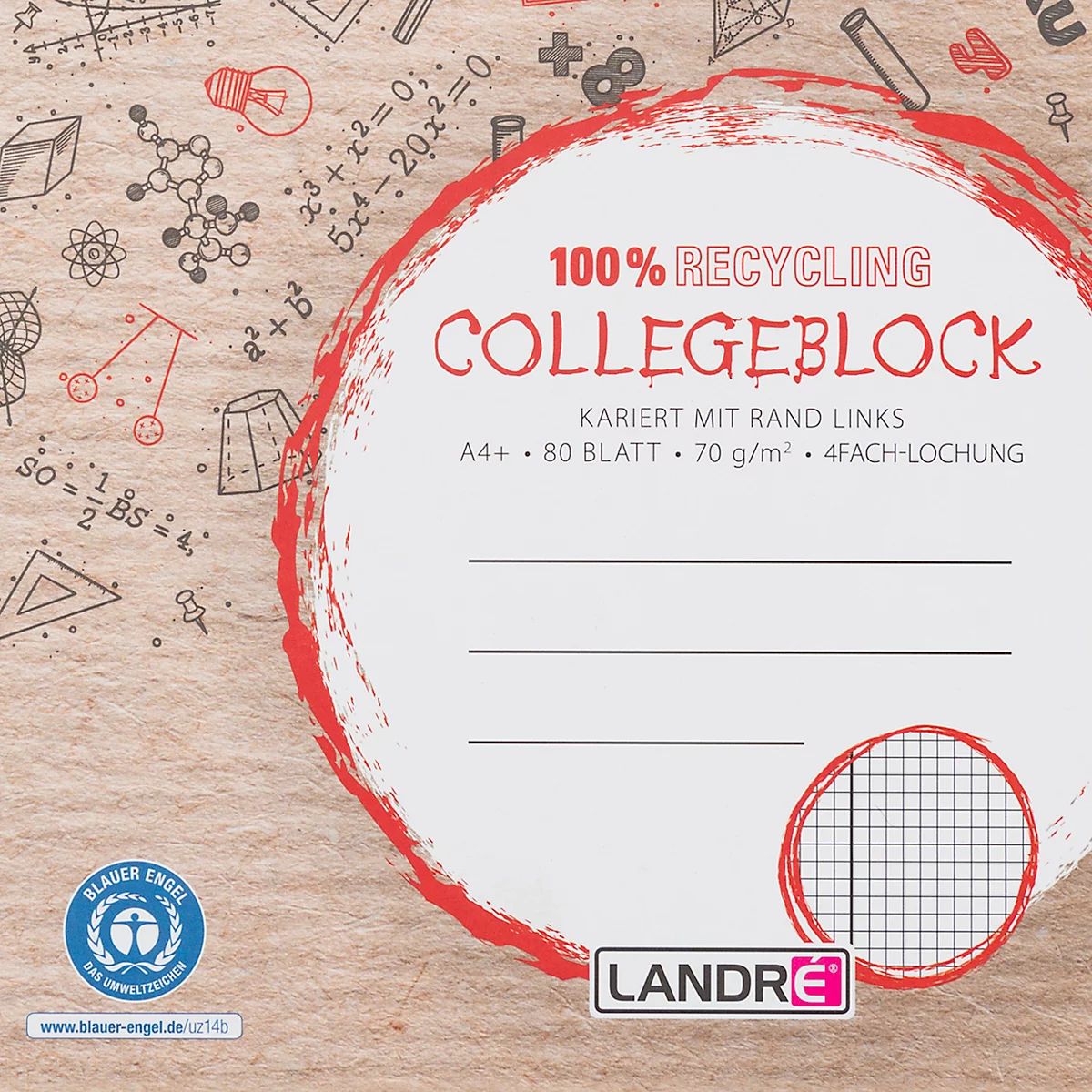 Ein Collegeblock mit der Aufschrift "100% Recycling". Aufschrift: kariert, A4+, 80 Blatt, 70g/m².