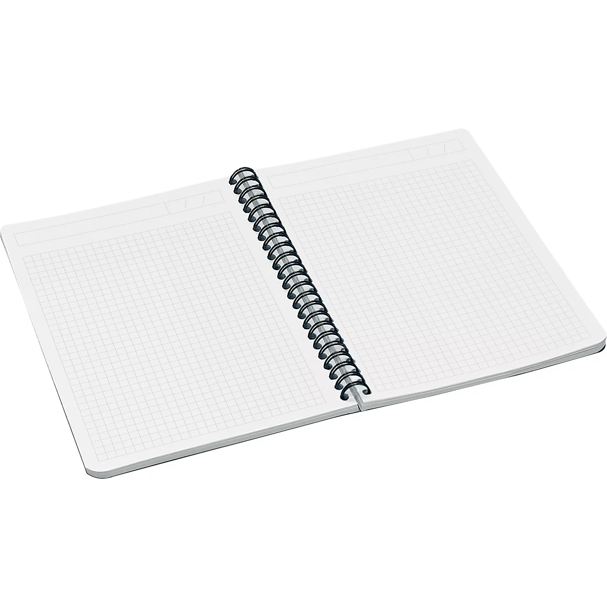 Cahier quadrillé ouvert avec reliure à spirale.