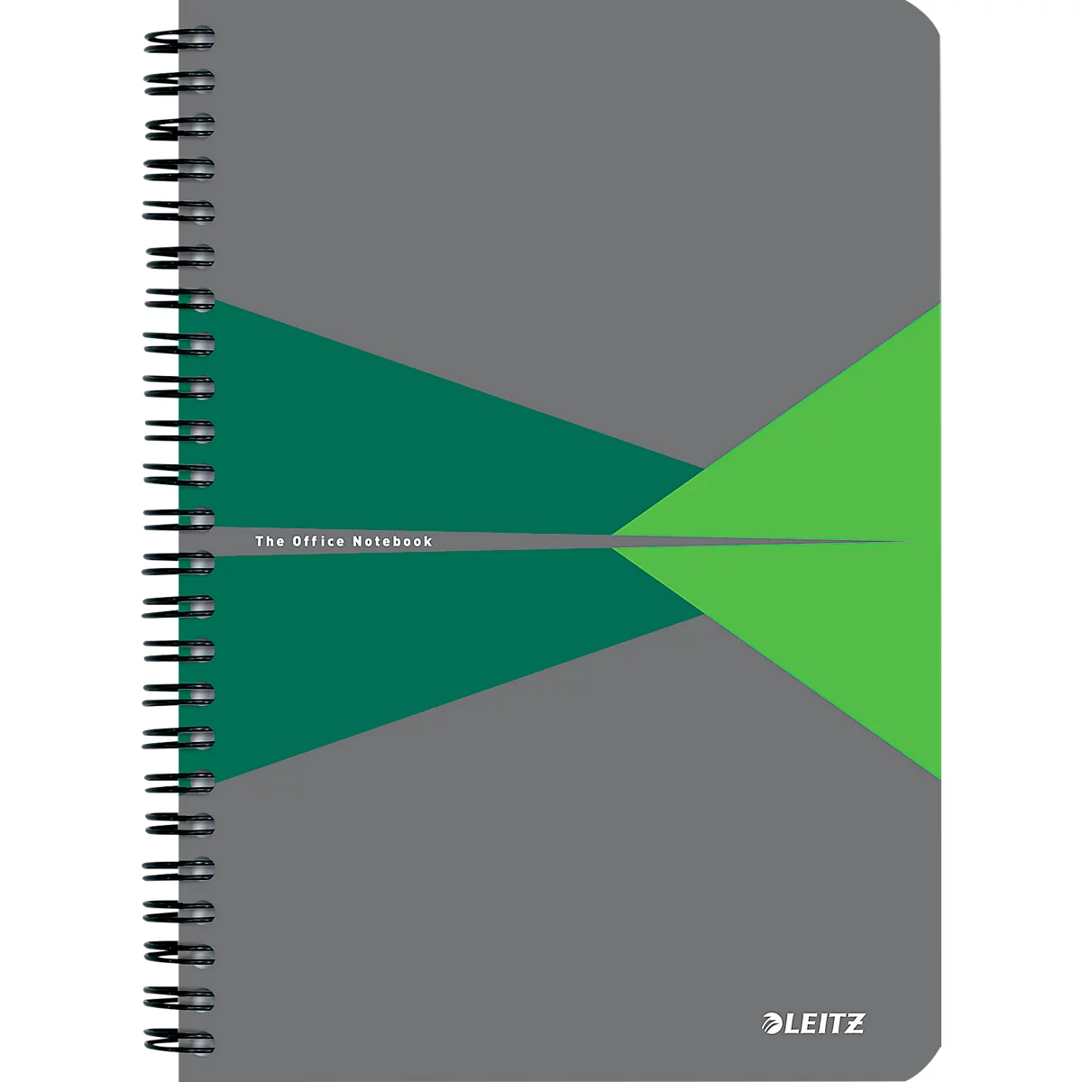 Cahier gris avec des triangles verts et sarcelle. Reliure à spirales noires. Texte : 'The Office Notebook'.