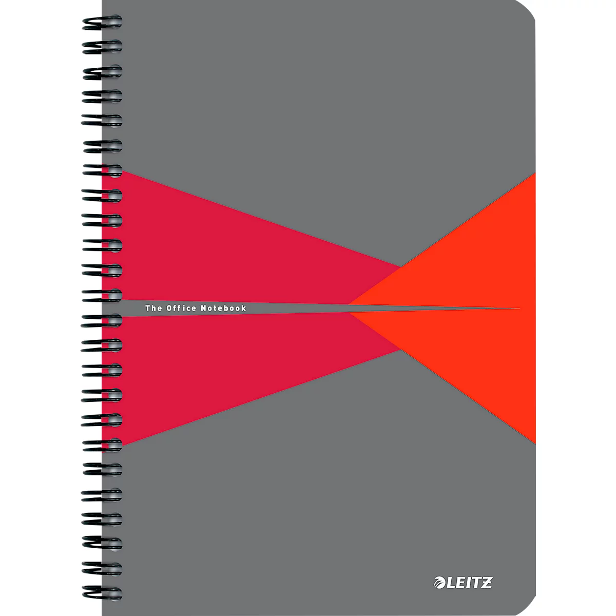 Graues Notizbuch mit rotem und orangenem Design, Spiralbindung und dem Schriftzug 'The Office Notebook'.