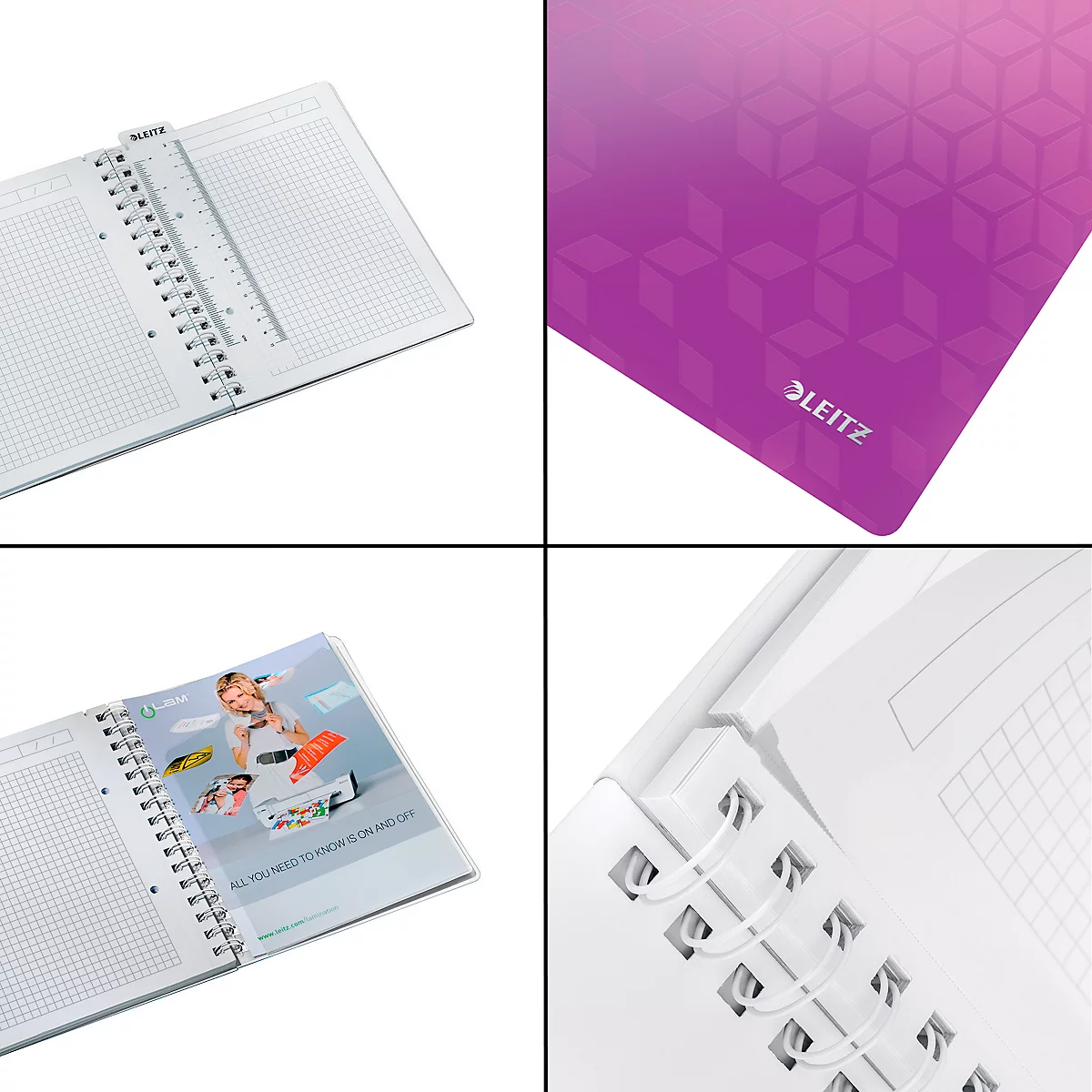 Vier Fotos eines Notizbuchs. Gezeigt werden Details wie die Spirale, liniertes Papier, ein Lineal und ein Cover mit dem Logo von LEITZ.