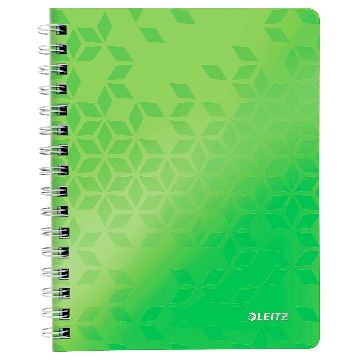 Grünes Notizbuch mit Spiralbindung und geometrischem Muster. Unten rechts Logo von Leitz.