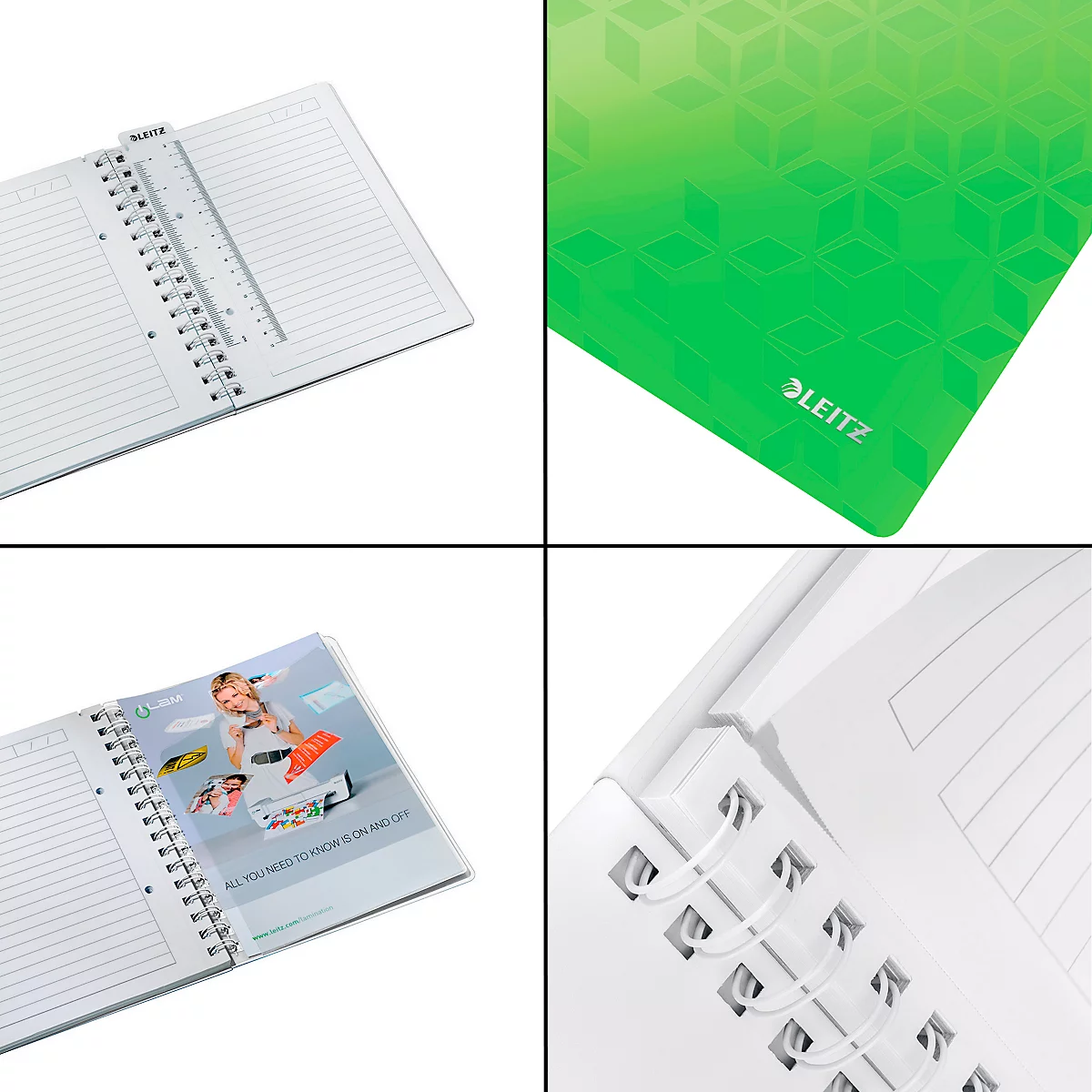 Vier quadratische Bilder. Oben links: offenes Notizbuch mit Lineal. Oben rechts: grüner Einband mit Logo. Unten: Detailbuch