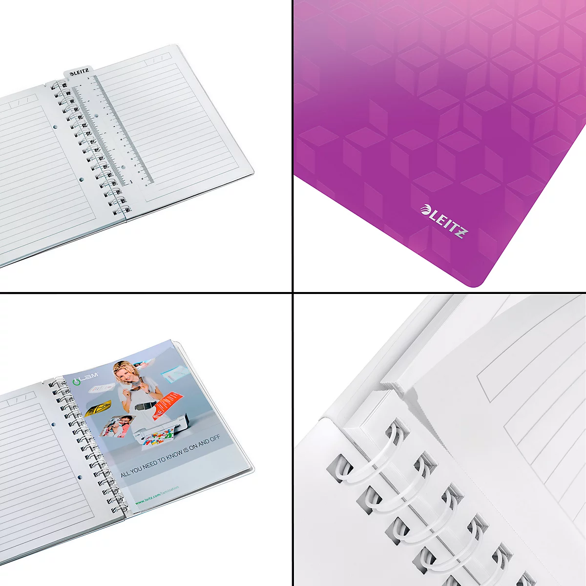 Collage von Notizbüchern, Lineal und Markennamen. Die Notizbücher haben Spiralbindung und karierte Seiten. Das Lineal ist transparent. Auf einem pinken Hintergrund mit Logo.