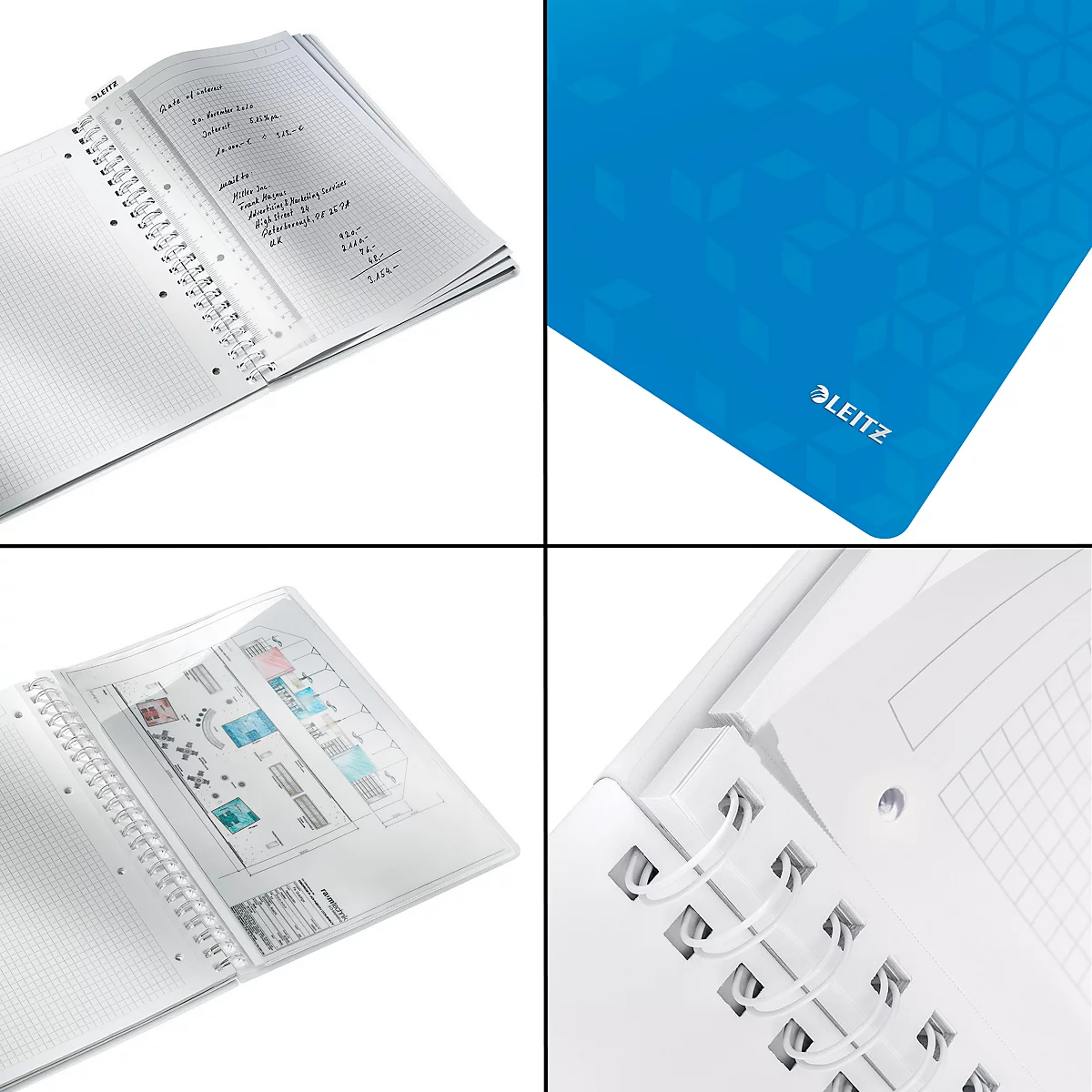 Quadratisches Bild, aufgeteilt in vier Ansichten: Notizbuch, blaues Mousepad mit Leitz-Logo, gezeichnete Pläne und detailierte Spiralbindung.