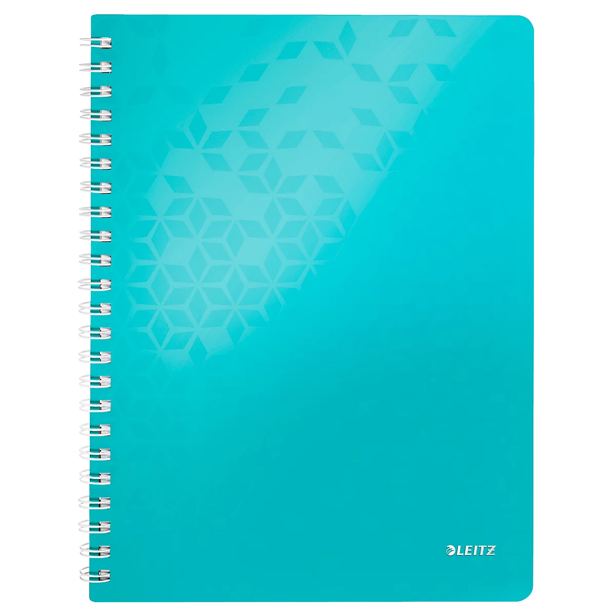 Türkisblaues Notizbuch mit Spiralbindung, geometrischem Muster und LEITZ Logo.