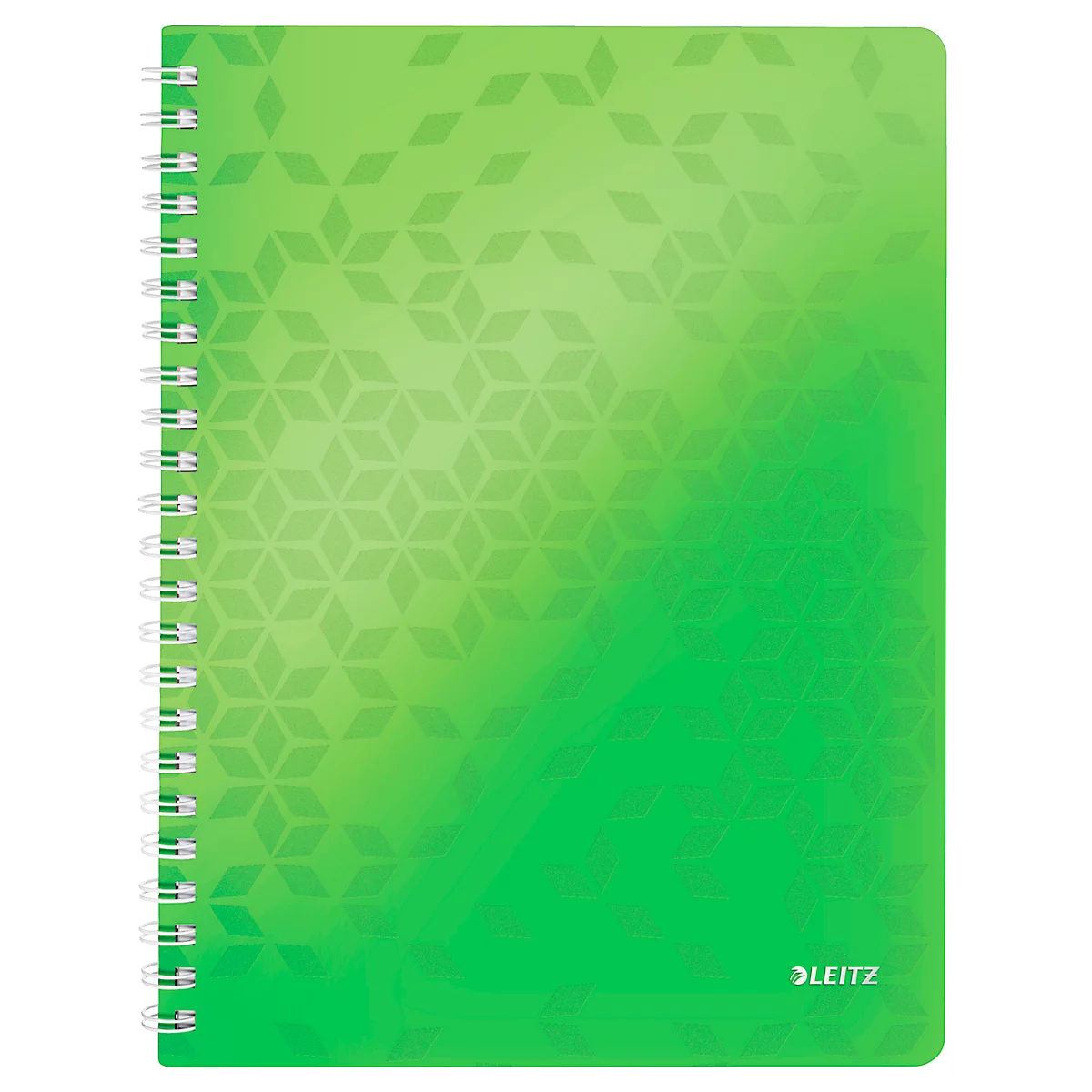 Grünes Notizbuch mit Spirale. Die Vorderseite ist mit geometrischen Mustern verziert, unten rechts steht "LEITZ".