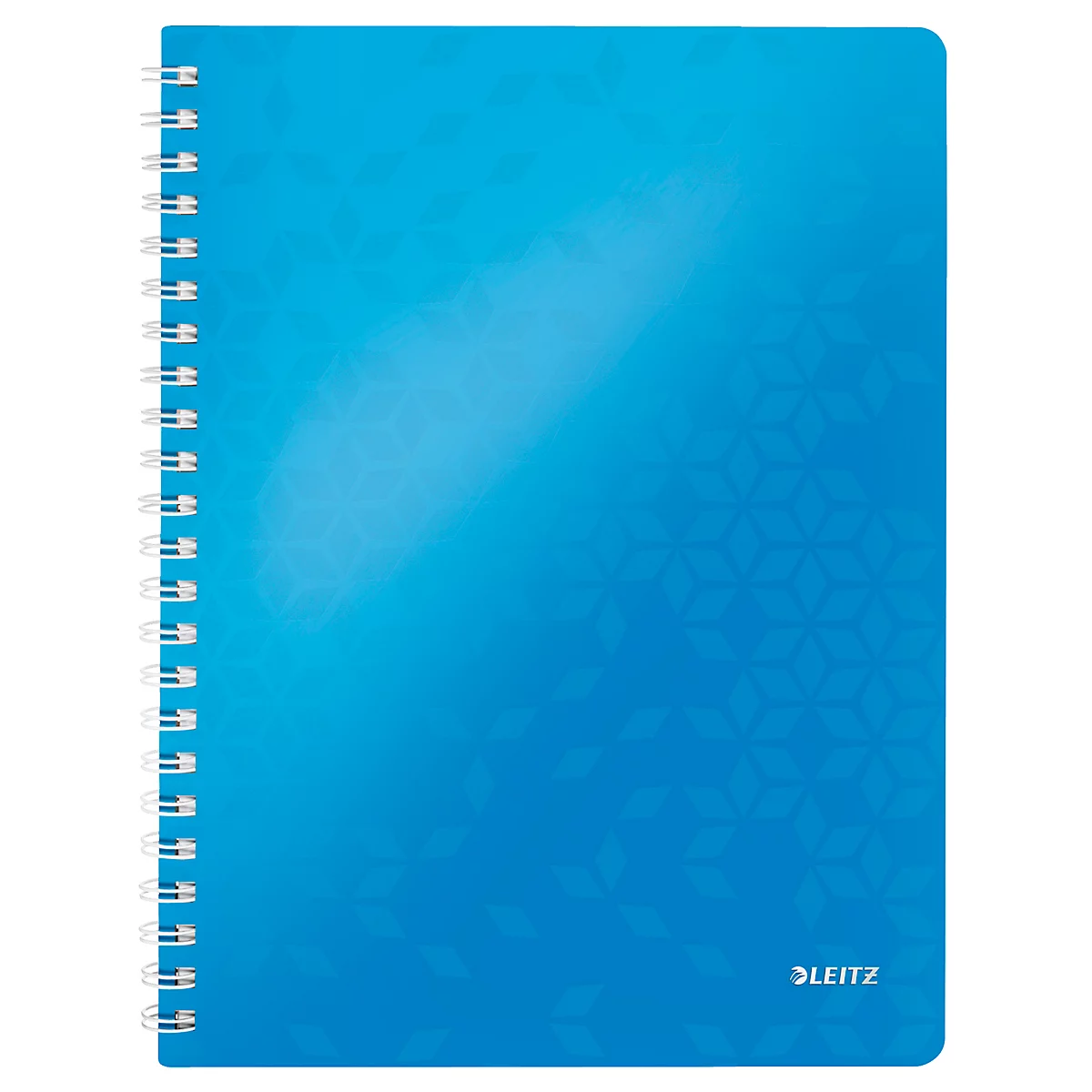 Blaues Notizbuch mit Spiralbindung. Der Einband hat ein Muster. Am unteren Rand steht Leitz.