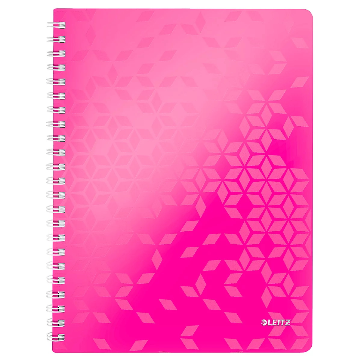 Pinkes Notizbuch mit Spiralbindung und geometrischem Muster. Logo Leitz.