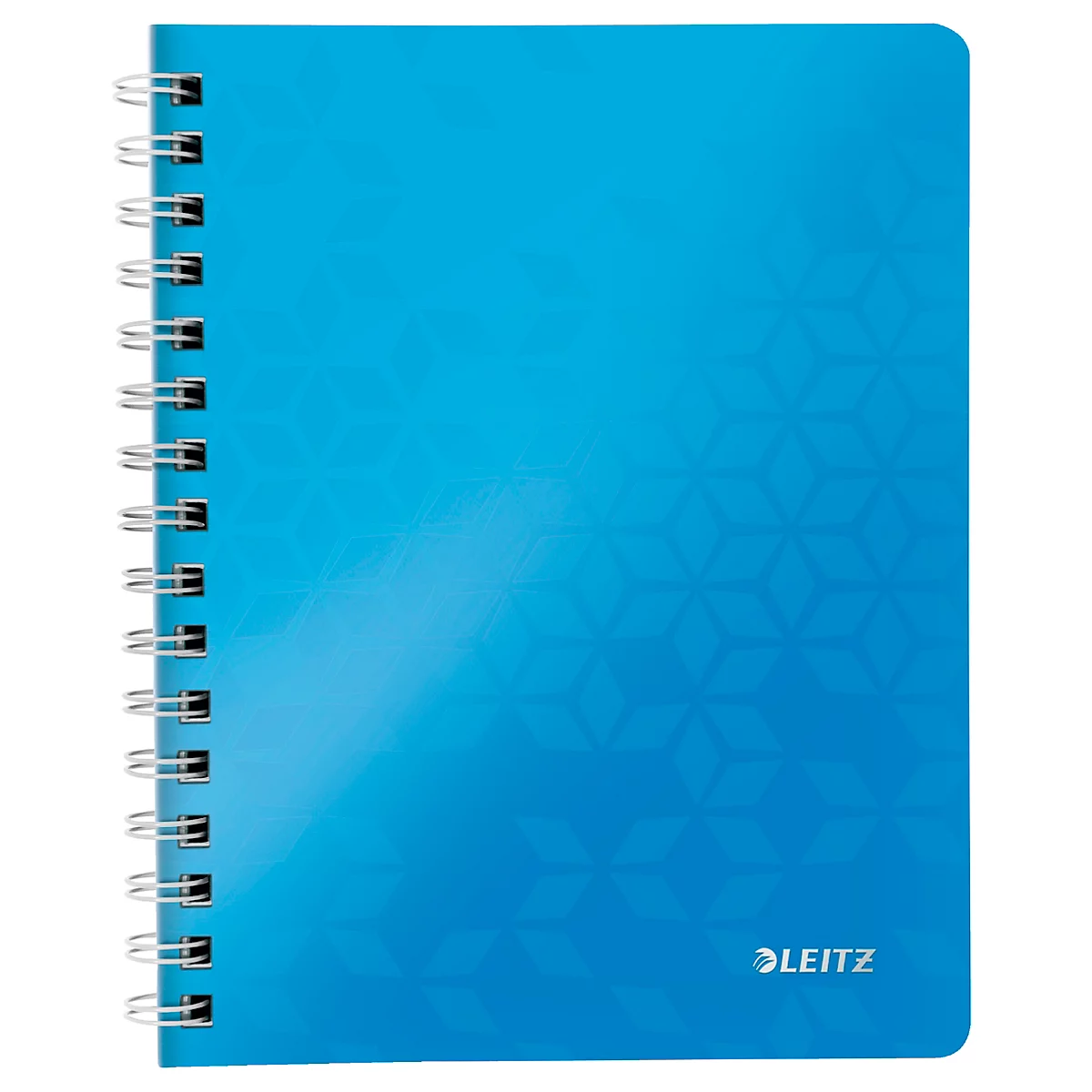Blaues Notizbuch mit Spiralbindung und geprägtem Muster. Rechts unten Logo von Leitz.