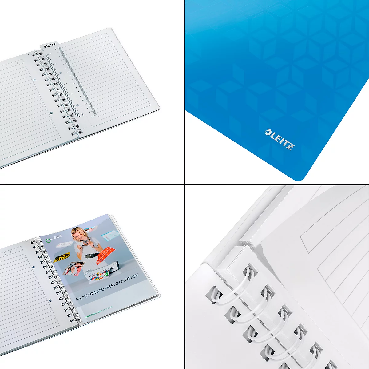 Vier Detailaufnahmen: Notizbuch, Lineal, blaues Mousepad mit Logo, Ringbindung. Verschiedene Perspektiven.
