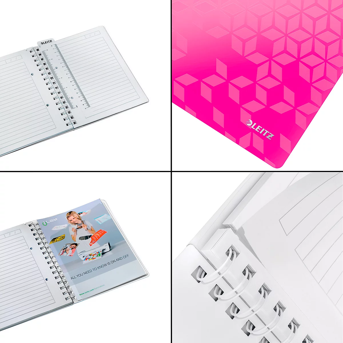Verschiedene Detailaufnahmen eines Notizblocks mit Spiralbindung. Die Aufnahmen zeigen Details wie die Lochung, das Papier und die Rückseite mit Logo.