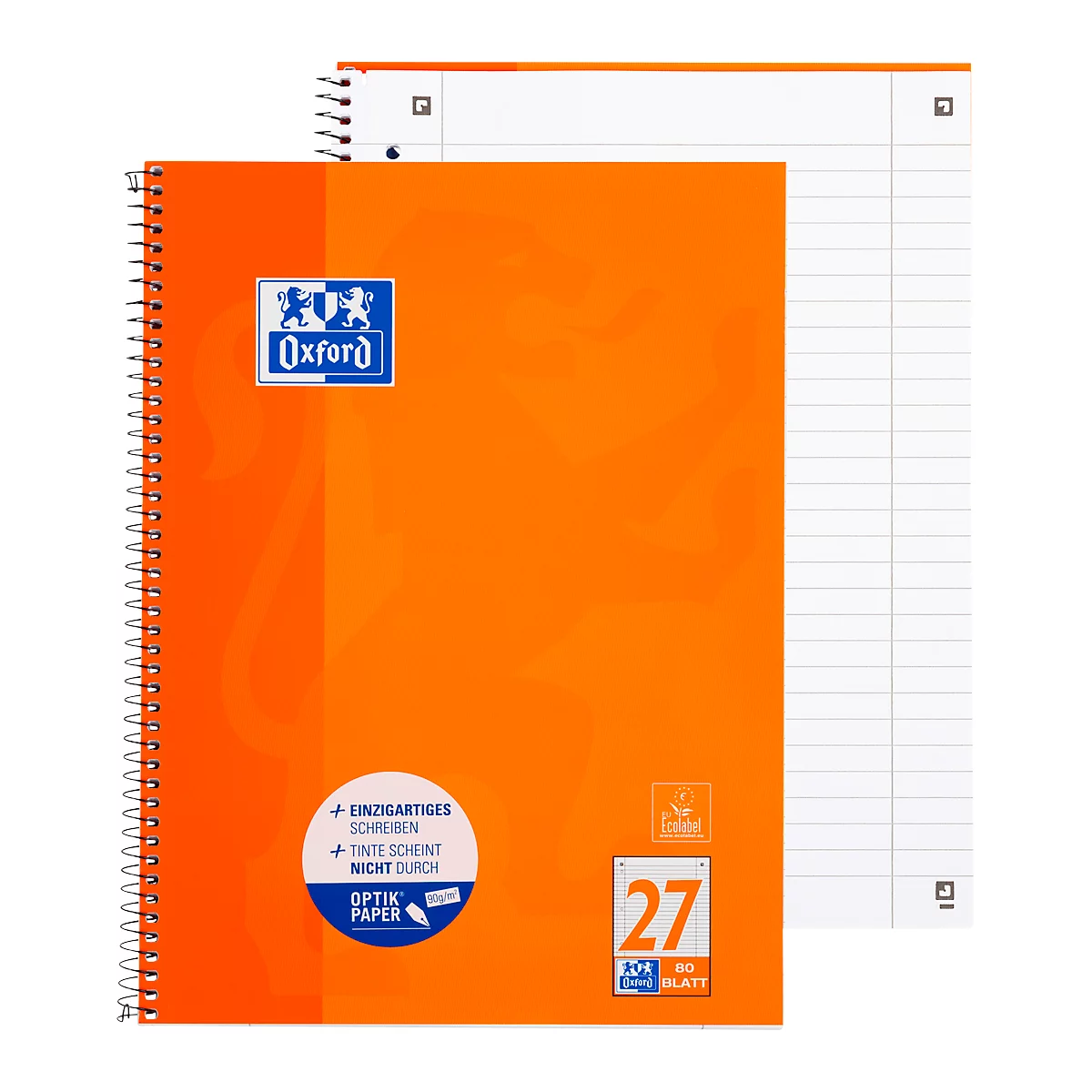 Collegeblock Oxford A4+, 80 Blatt, 90g/m², 4-fach gelocht, Rand rechts & links, liniert, 10 Stück