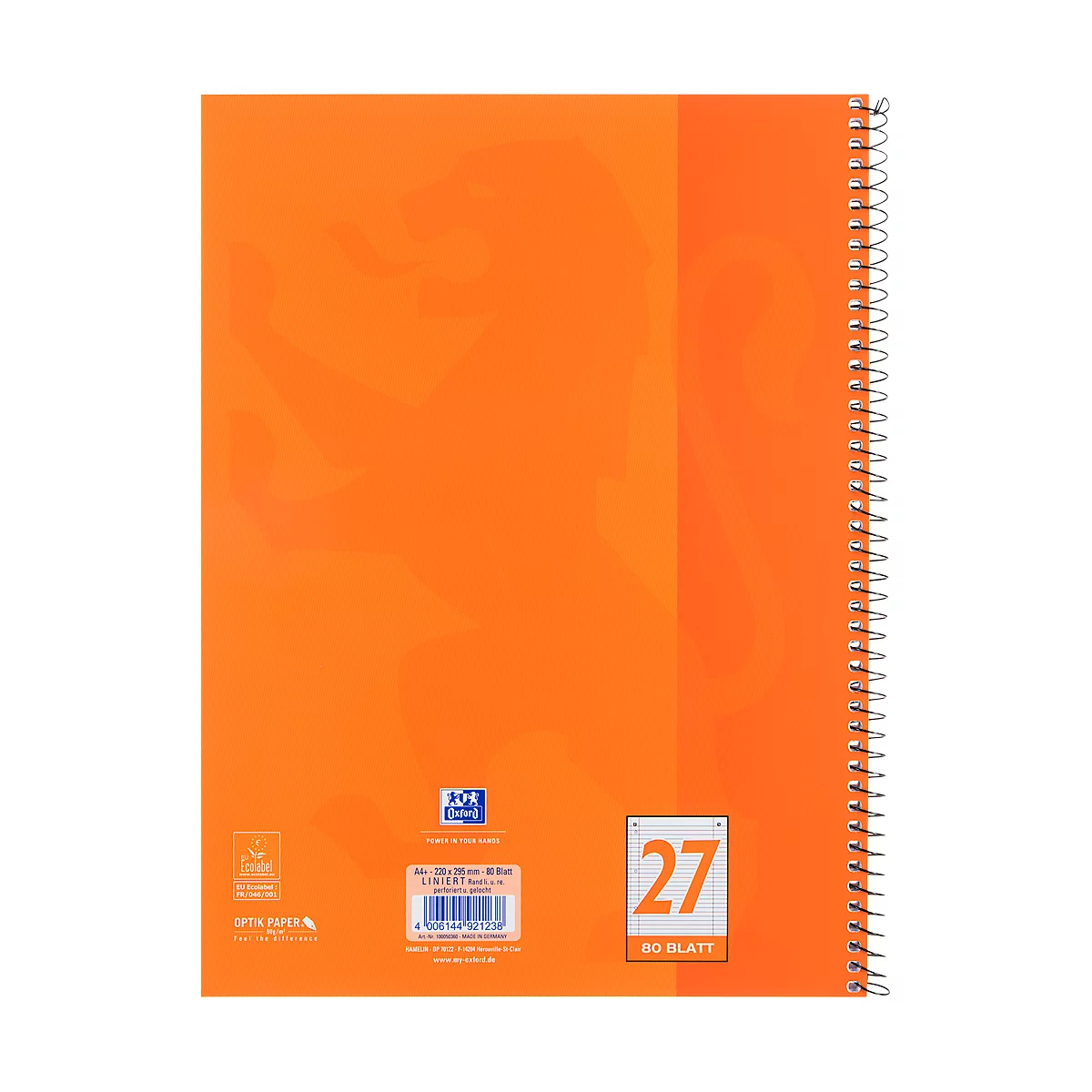 Collegeblock Oxford A4+, 80 feuilles, 90g/m², 4x perforé, marge droite et gauche, ligné, 10 pces