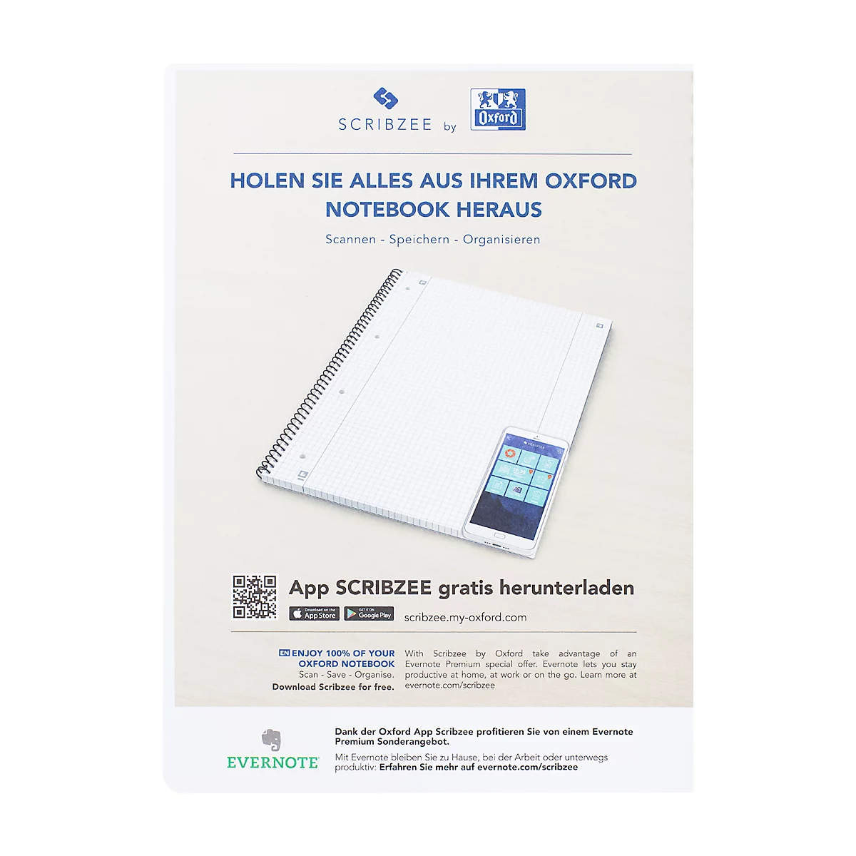 Collegeblock Oxford A4+, 80 feuilles, 90g/m², 4x perforé, marge droite et gauche, ligné, 10 pces