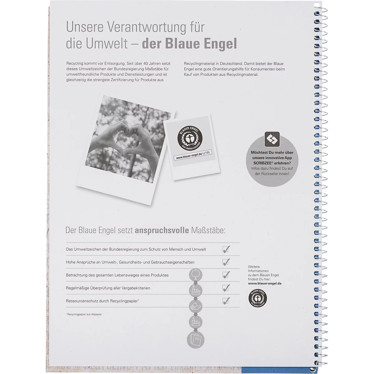 Collegeblock Oxford Recycling, 80 Blatt, DIN A4+, 90 g/m², 4fach gelocht, Spiralbindung, OPTIK PAPER®, mikroperforiert, liniert, Rand links, blau