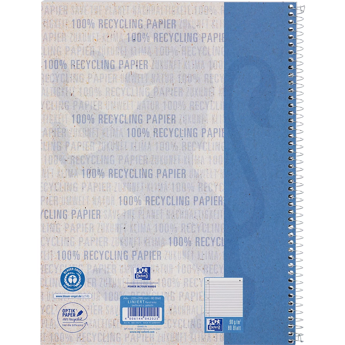 Collegeblock Oxford Recycling, 80 Blatt, DIN A4+, 90 g/m², 4fach gelocht, Spiralbindung, OPTIK PAPER®, mikroperforiert, liniert, Rand links, blau