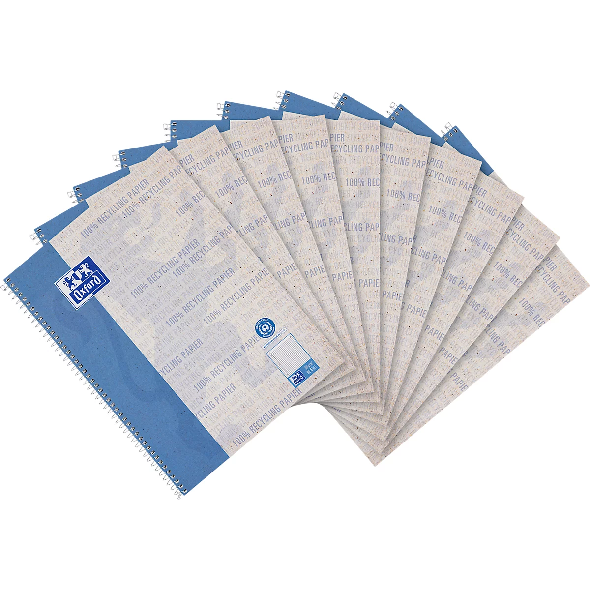Collegeblock Oxford Recycling, 80 Blatt, DIN A4+, 90 g/m², 4fach gelocht, Spiralbindung, OPTIK PAPER®, mikroperforiert, liniert, Rand links, blau