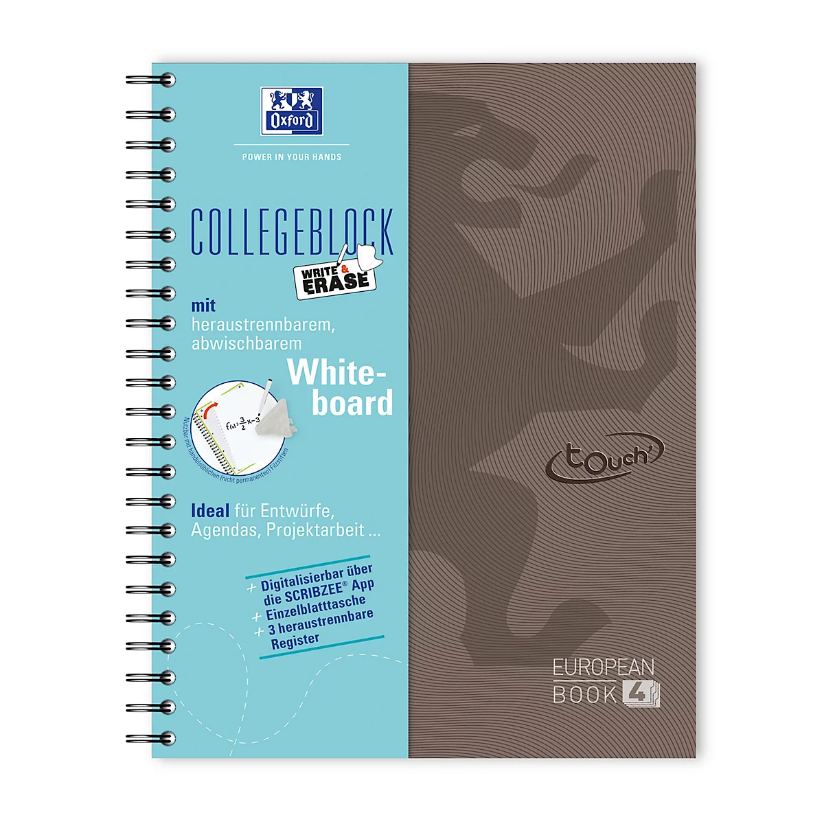 Ein Notizblock mit Spiralbindung, blau-brauner Farbgebung, und weissem "Whiteboard"-Element. Text: Collegeblock, abwischbar. Marke: Oxford.